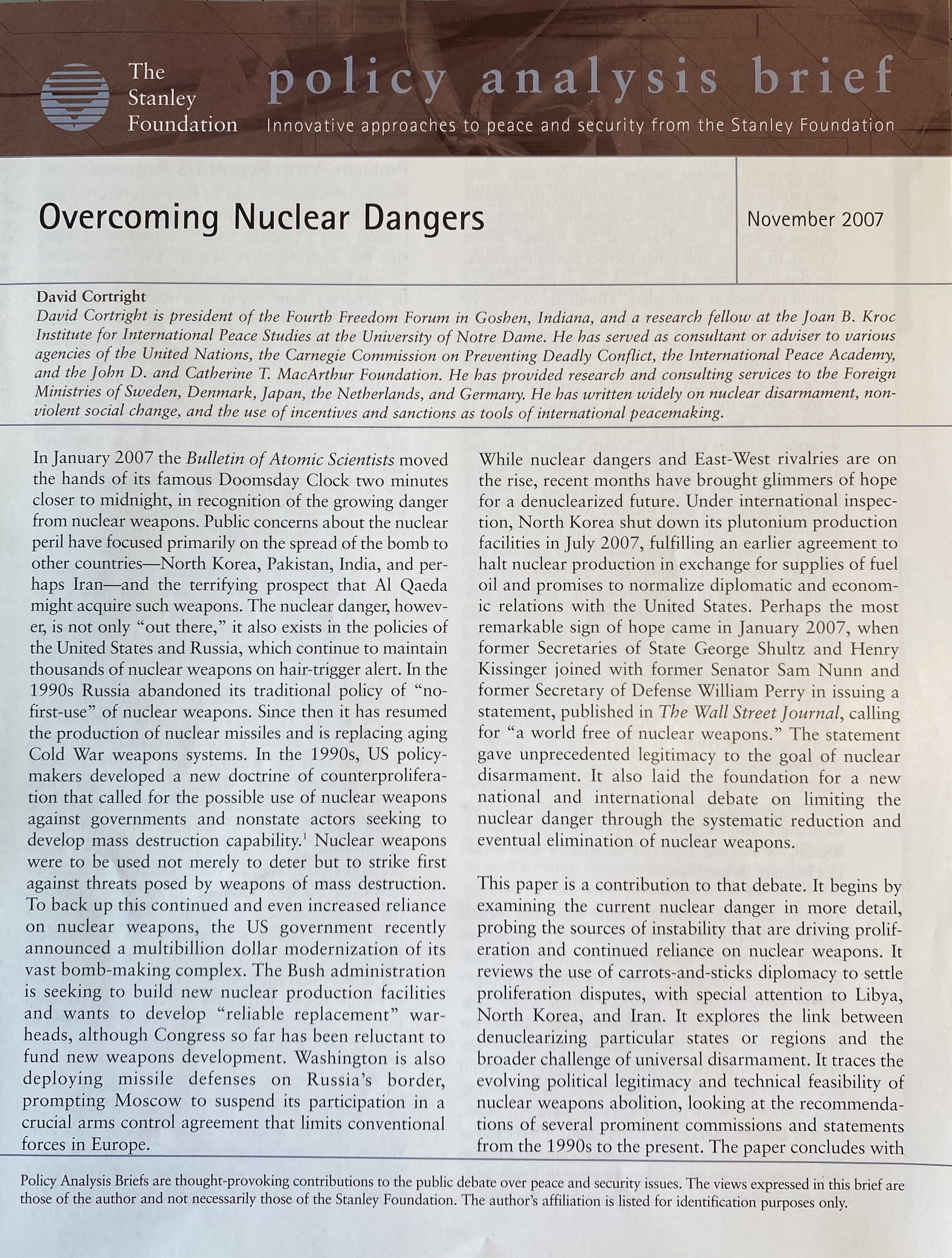 Overcoming Nuclear Dangers