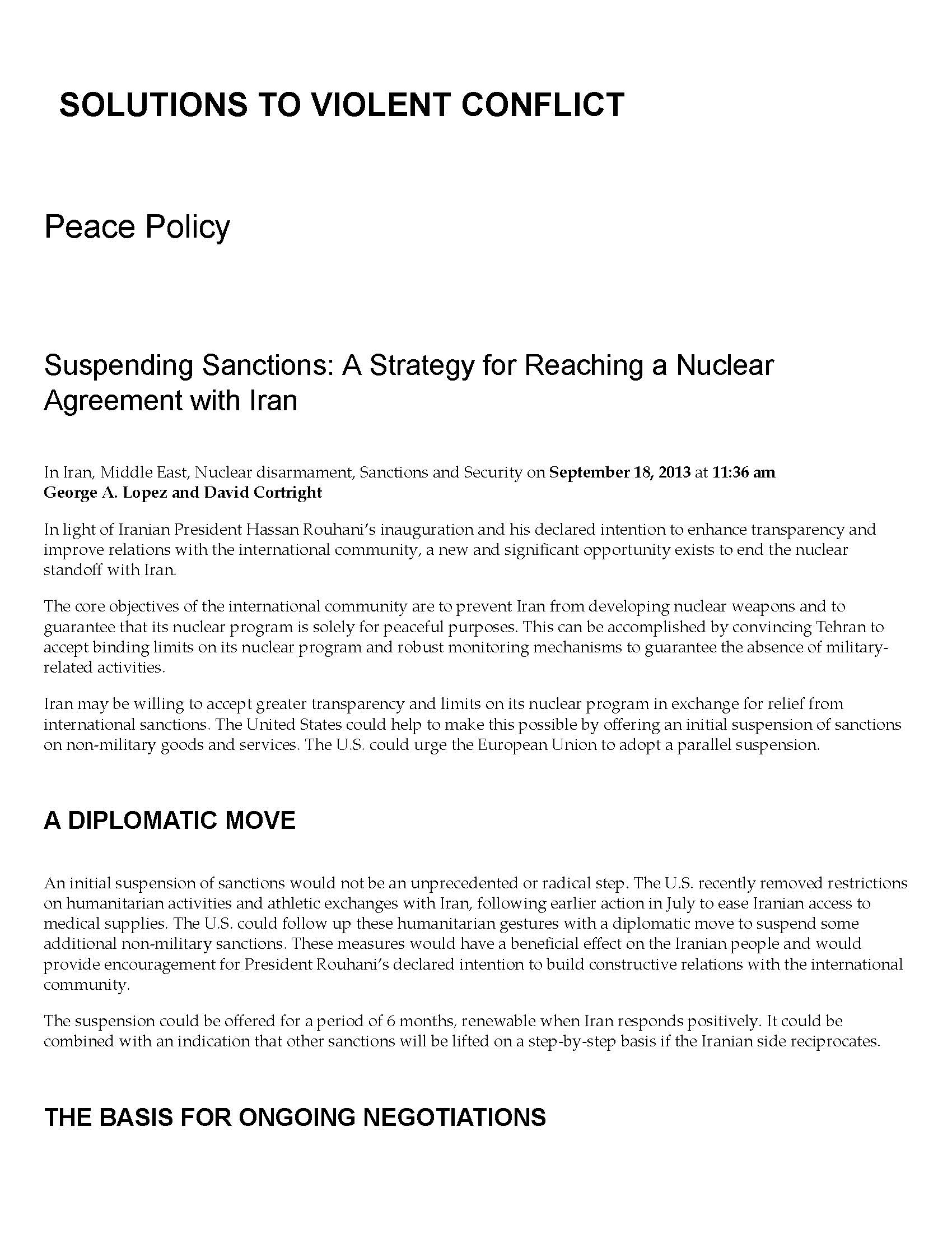 Suspending Sanctions: A Strategy for Reaching Diplomatic Agreement with Iran