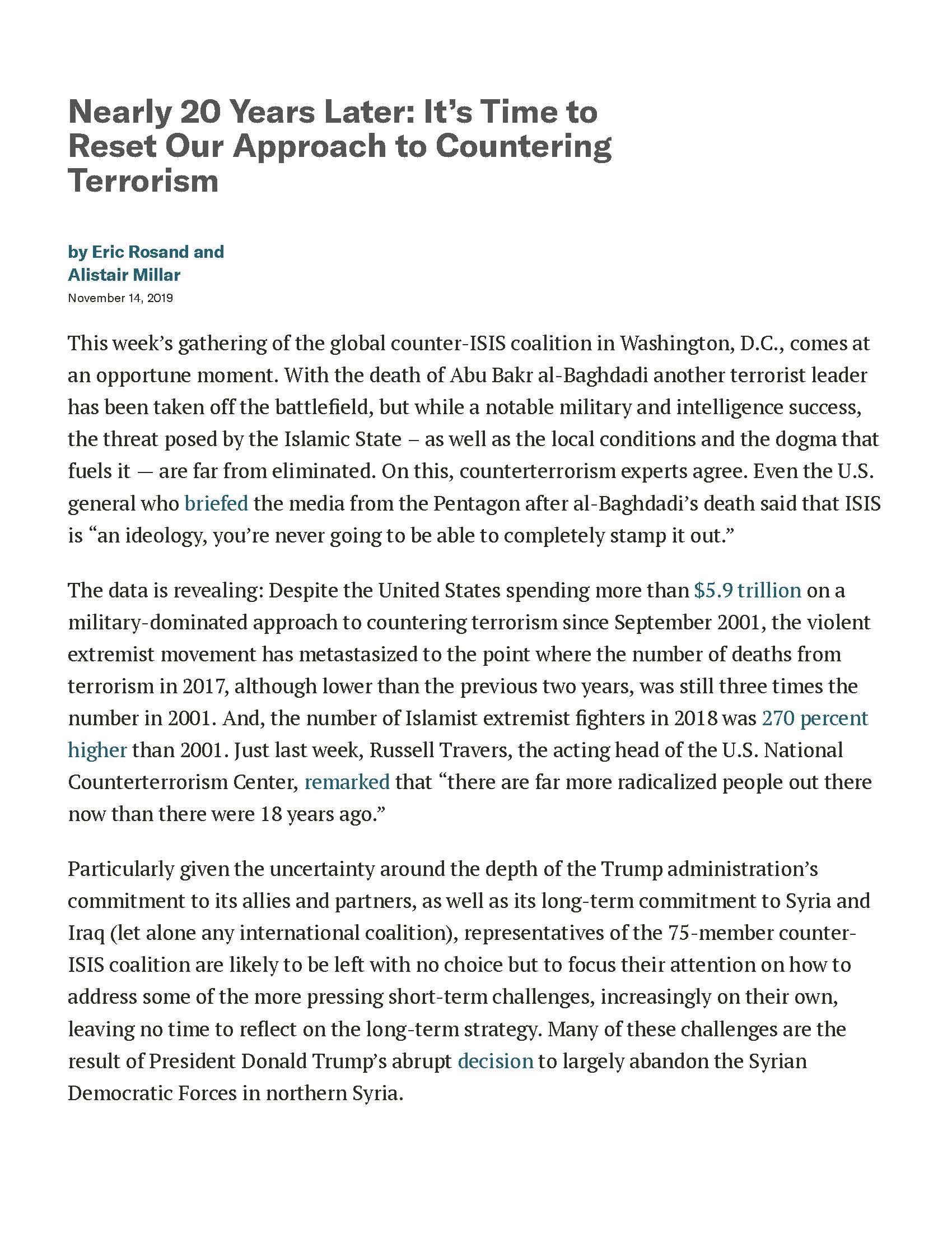 Nearly 20 Years later: It’s Time to Reset our Approach to Countering Terrorism