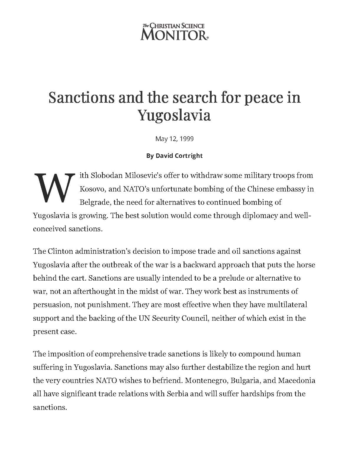 Sanctions and the Search for Peace in Yugoslavia