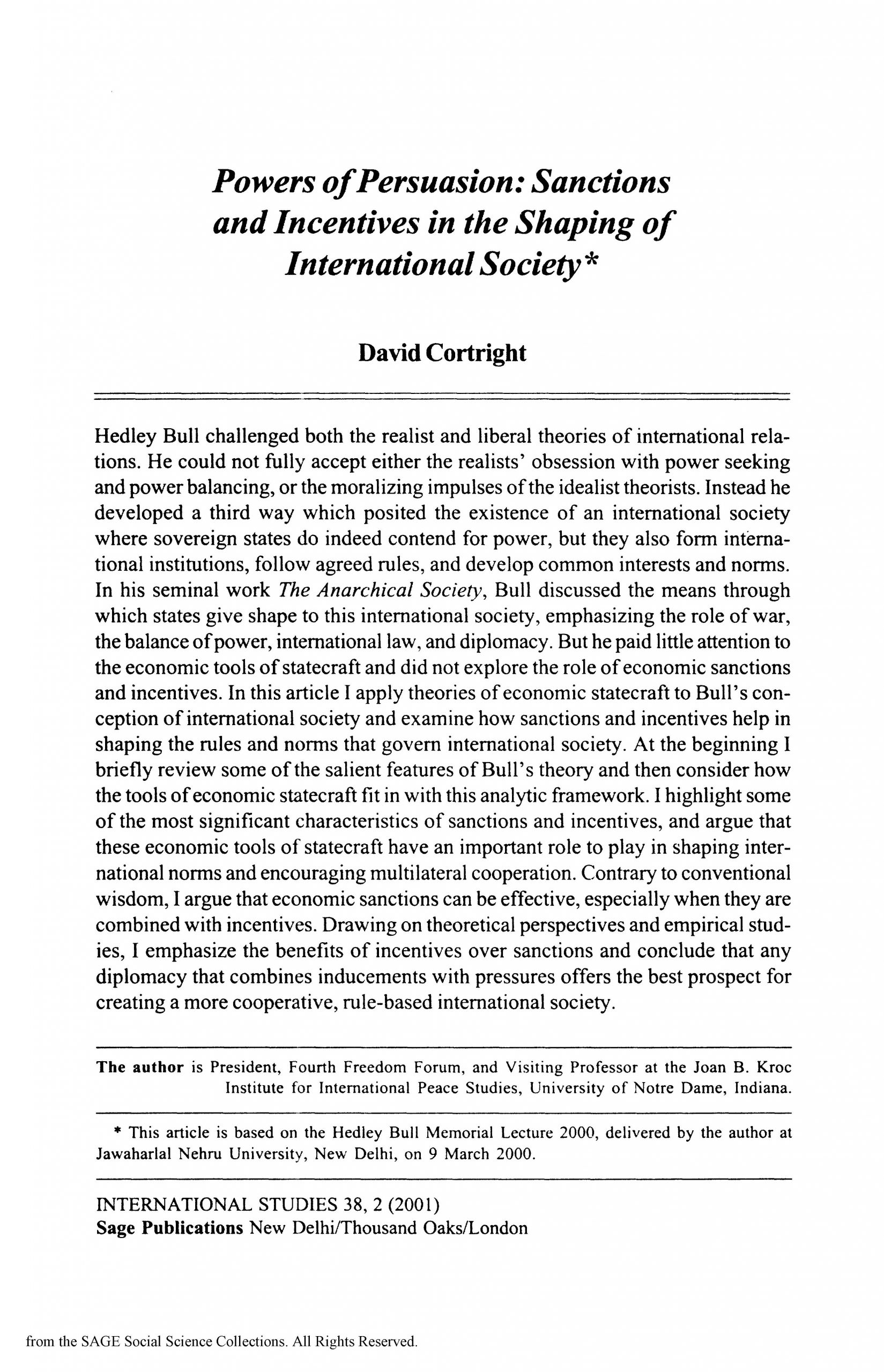 Powers of Persuasion: Sanctions and Incentives in the Shaping of International Society