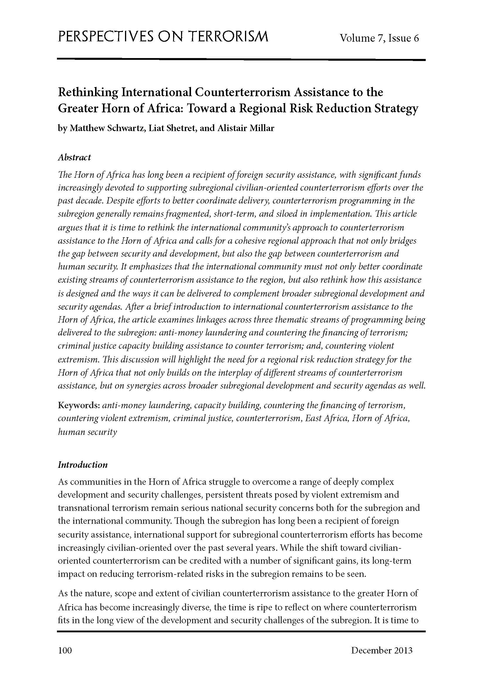 Rethinking International Counterterrorism Assistance to the Greater Horn of Africa: Toward a Regional Risk Reduction Strategy