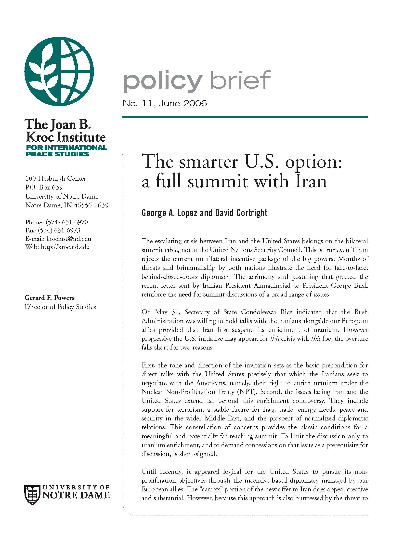 The Smarter U.S. Option: A Full Summit with Iran Policy Brief No. 11
