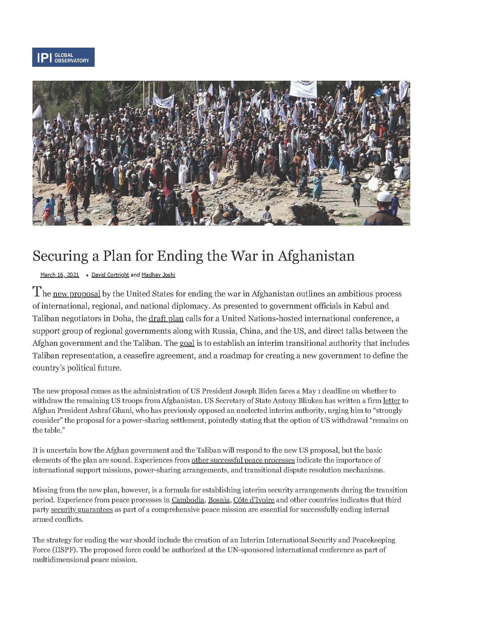 Securing a Plan for Ending the War in Afghanistan